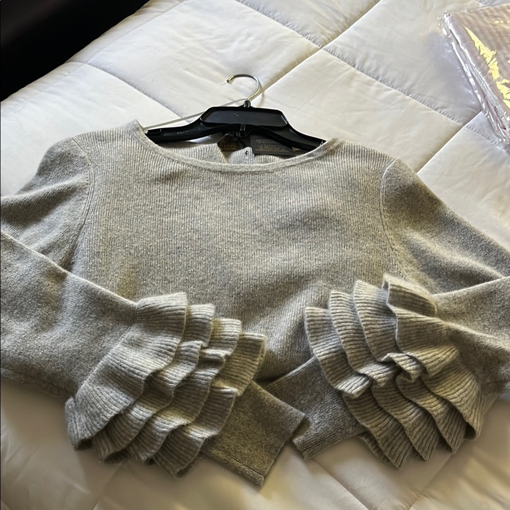 Gray Sweater with Ruffled Sleeves